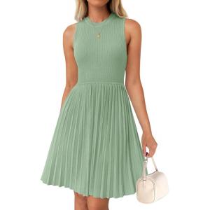 ZESICA Women’s Summer Sleeveless Mini Dress 2026 Crewneck Knit A Line Pleated Swing Casual Basic Short Dress(Lightgreen)