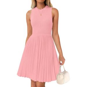 ZESICA Women’s Summer Sleeveless Mini Dress 2026 Crewneck Knit A Line Pleated Swing Casual Basic Short Dress(Pink)