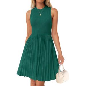 ZESICA Women’s Summer Sleeveless Mini Dress 2026 Crewneck Knit A Line Pleated Swing Casual Basic Short Dress(Teal)