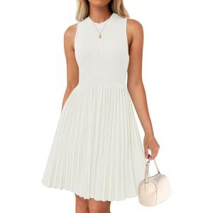 ZESICA Women’s Summer Sleeveless Mini Dress 2026 Crewneck Knit A Line Pleated Swing Casual Basic Short Dress(White)