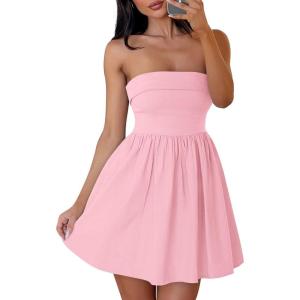 ZESICA Women’s Summer Strapless Mini Dress 2026 Sexy Off Shoulder High Waist A Line Swing Party Short Dresses(Pink)