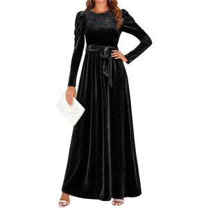ZESICA Women’s Velvet Maxi Dress Fall 2026 Long Puff Sleeve Crew Neck Elastic High Waist Cocktail Party Bridesmaid Dresses(Black)