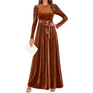 ZESICA Women’s Velvet Maxi Dress Fall 2026 Long Puff Sleeve Crew Neck Elastic High Waist Cocktail Party Bridesmaid Dresses(Caramel)