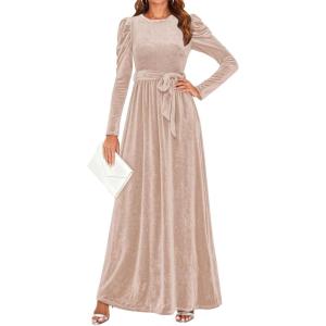 ZESICA Women’s Velvet Maxi Dress Fall 2026 Long Puff Sleeve Crew Neck Elastic High Waist Cocktail Party Bridesmaid Dresses(Champagne)