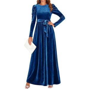 ZESICA Women’s Velvet Maxi Dress Fall 2026 Long Puff Sleeve Crew Neck Elastic High Waist Cocktail Party Bridesmaid Dresses(Cobalt)