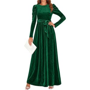 ZESICA Women’s Velvet Maxi Dress Fall 2026 Long Puff Sleeve Crew Neck Elastic High Waist Cocktail Party Bridesmaid Dresses(Dark Green)