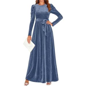 ZESICA Women’s Velvet Maxi Dress Fall 2026 Long Puff Sleeve Crew Neck Elastic High Waist Cocktail Party Bridesmaid Dresses(Dusty Blue)