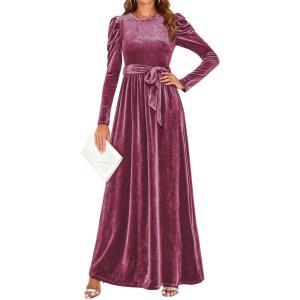 ZESICA Women’s Velvet Maxi Dress Fall 2026 Long Puff Sleeve Crew Neck Elastic High Waist Cocktail Party Bridesmaid Dresses(Mauve)