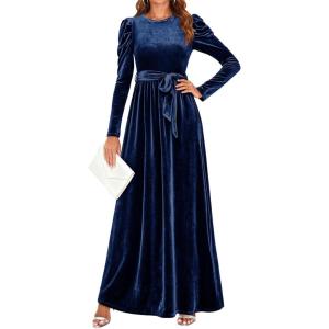 ZESICA Women’s Velvet Maxi Dress Fall 2026 Long Puff Sleeve Crew Neck Elastic High Waist Cocktail Party Bridesmaid Dresses(Navy)