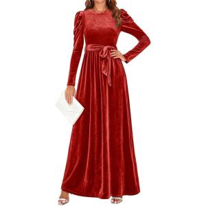 ZESICA Women’s Velvet Maxi Dress Fall 2026 Long Puff Sleeve Crew Neck Elastic High Waist Cocktail Party Bridesmaid Dresses(Ponceau)