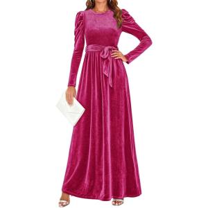 ZESICA Women’s Velvet Maxi Dress Fall 2026 Long Puff Sleeve Crew Neck Elastic High Waist Cocktail Party Bridesmaid Dresses(Rose)