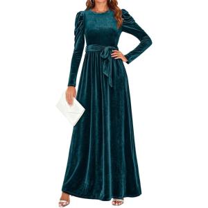 ZESICA Women’s Velvet Maxi Dress Fall 2026 Long Puff Sleeve Crew Neck Elastic High Waist Cocktail Party Bridesmaid Dresses(Teal Green)