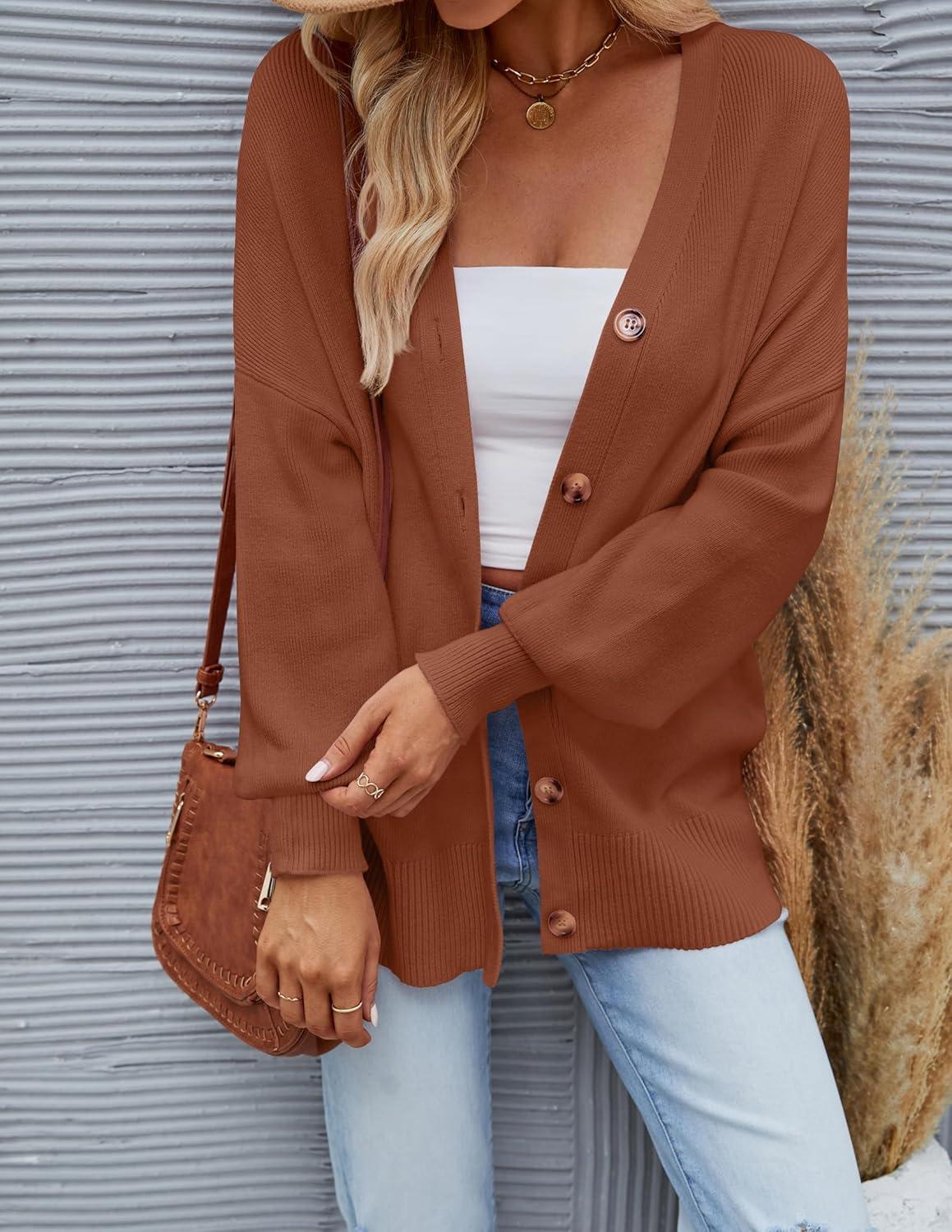 imageZESICA Womens 2026 Fall Casual Long Sleeve Cardigan V Neck Button Down Open Front Knit Loose Oversized Sweater CoatCaramel