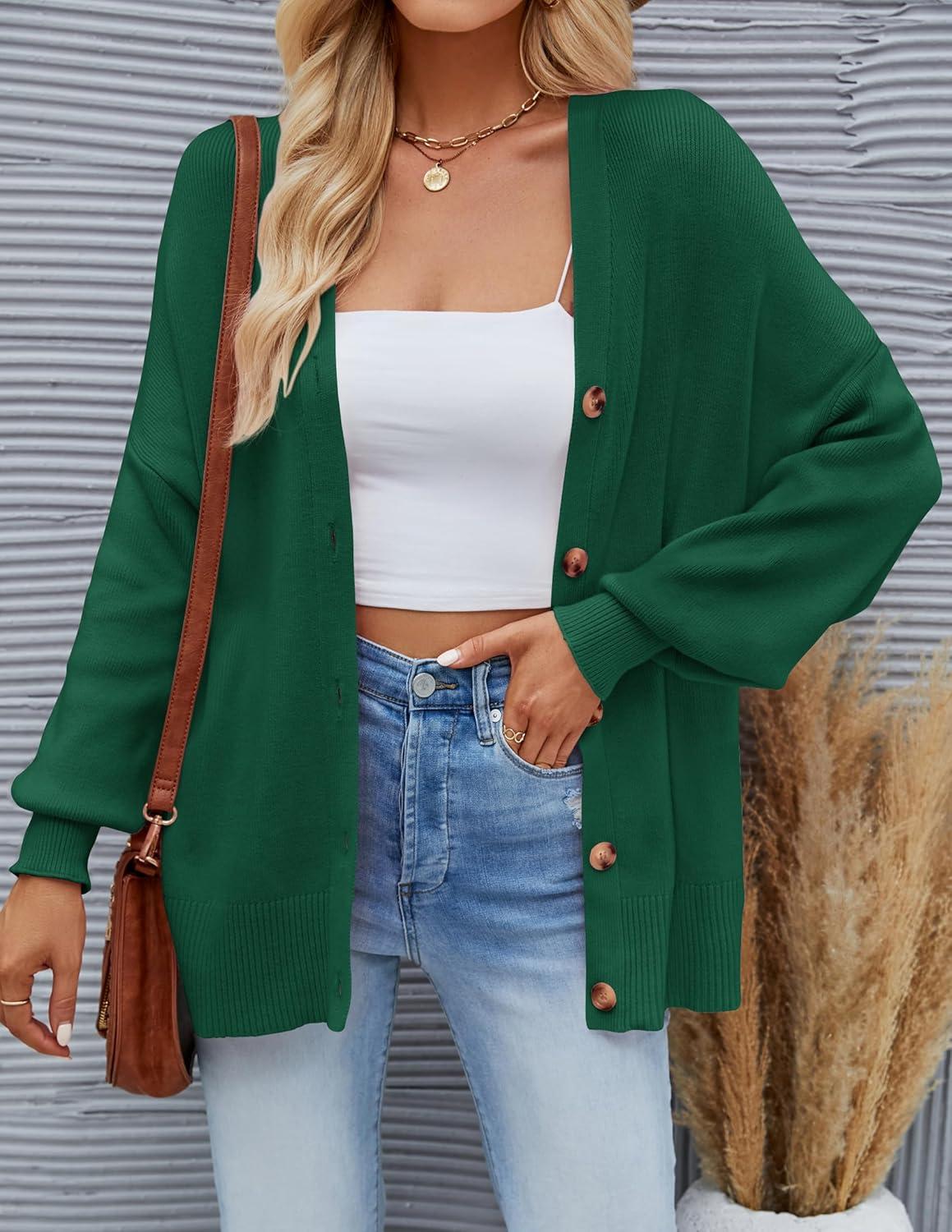 imageZESICA Womens 2026 Fall Casual Long Sleeve Cardigan V Neck Button Down Open Front Knit Loose Oversized Sweater CoatDarkgreen