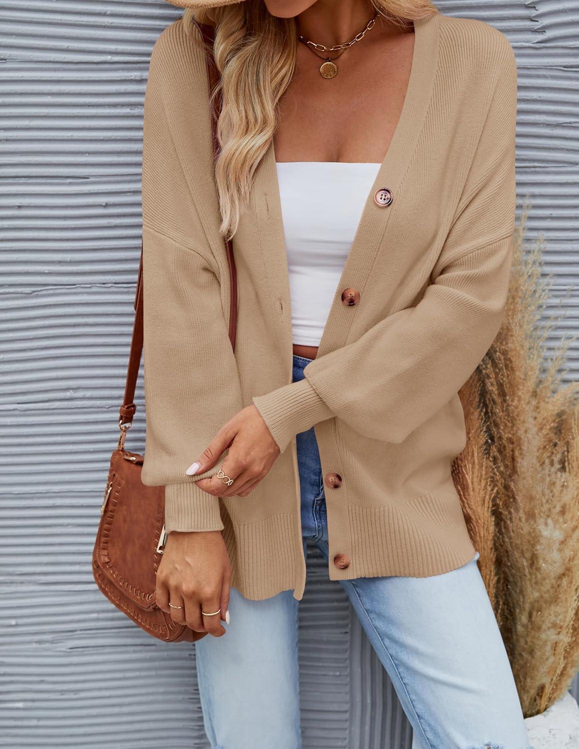 imageZESICA Womens 2026 Fall Casual Long Sleeve Cardigan V Neck Button Down Open Front Knit Loose Oversized Sweater CoatKhaki