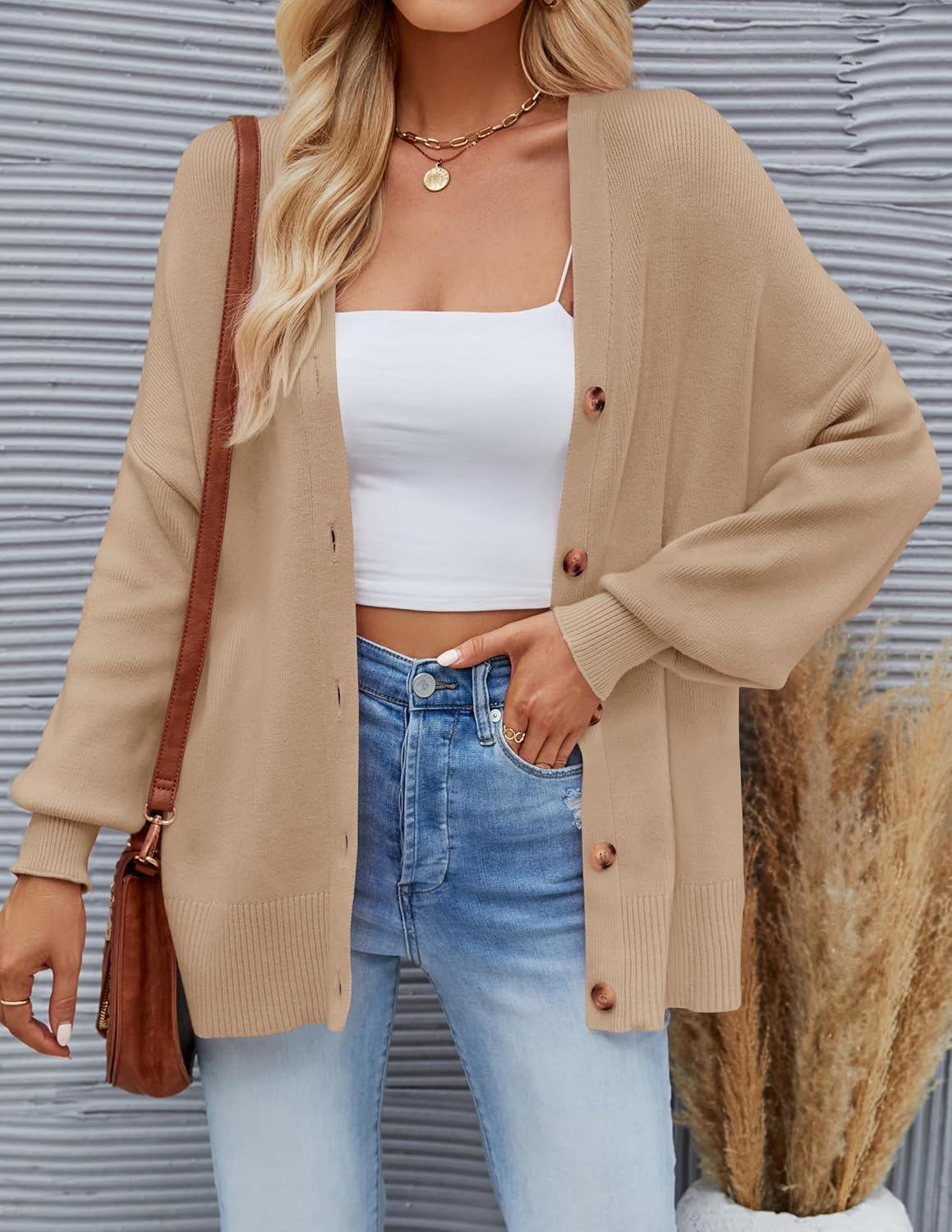 imageZESICA Womens 2026 Fall Casual Long Sleeve Cardigan V Neck Button Down Open Front Knit Loose Oversized Sweater CoatKhaki