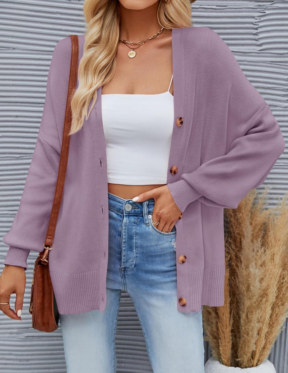 imageZESICA Womens 2026 Fall Casual Long Sleeve Cardigan V Neck Button Down Open Front Knit Loose Oversized Sweater CoatPurple