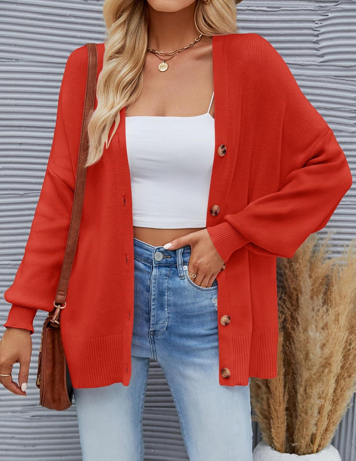 imageZESICA Womens 2026 Fall Casual Long Sleeve Cardigan V Neck Button Down Open Front Knit Loose Oversized Sweater CoatRed