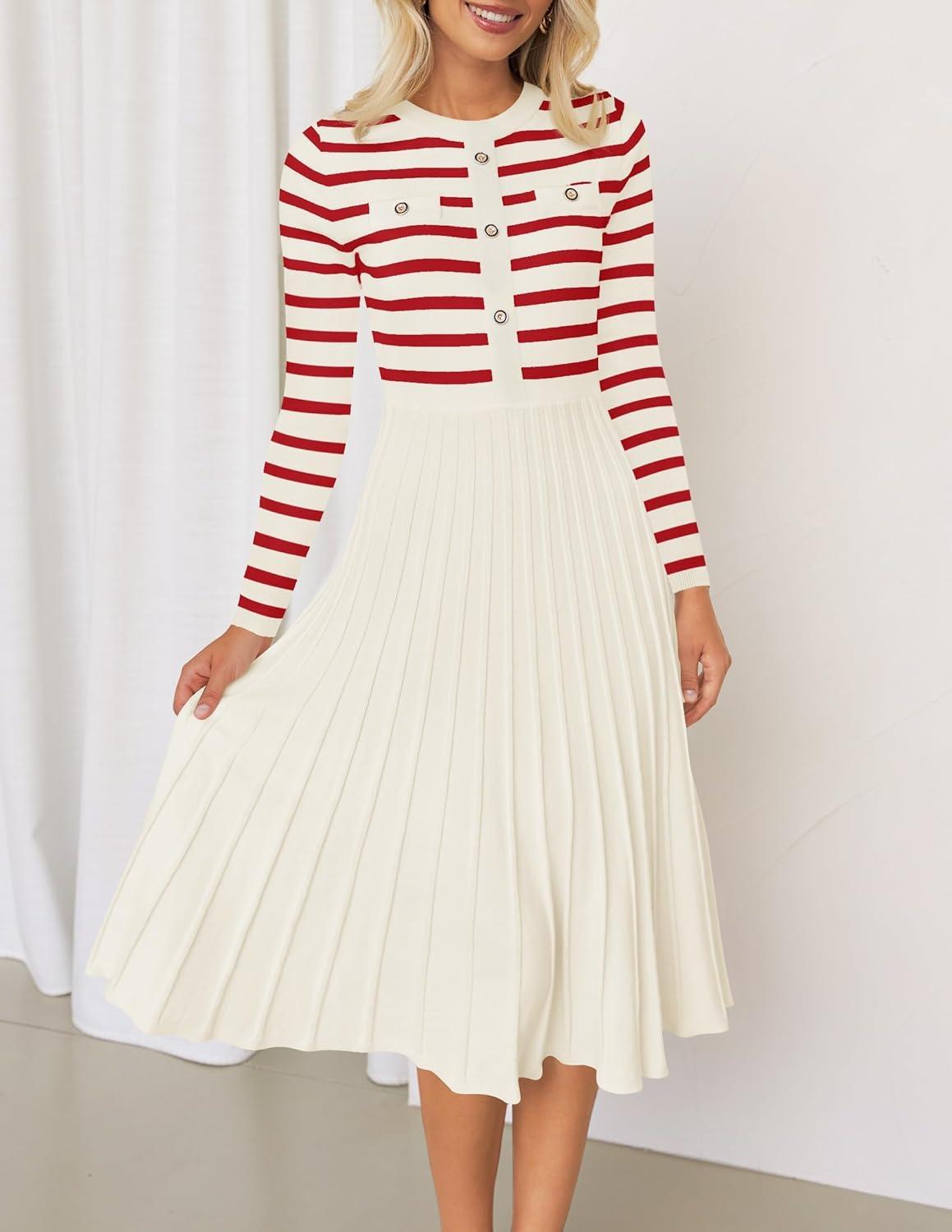 imageZESICA Womens Long Sleeve Striped Midi Dresses Crewneck Button Ribbed Knit Pleated A Line Swing Sweater DressRed