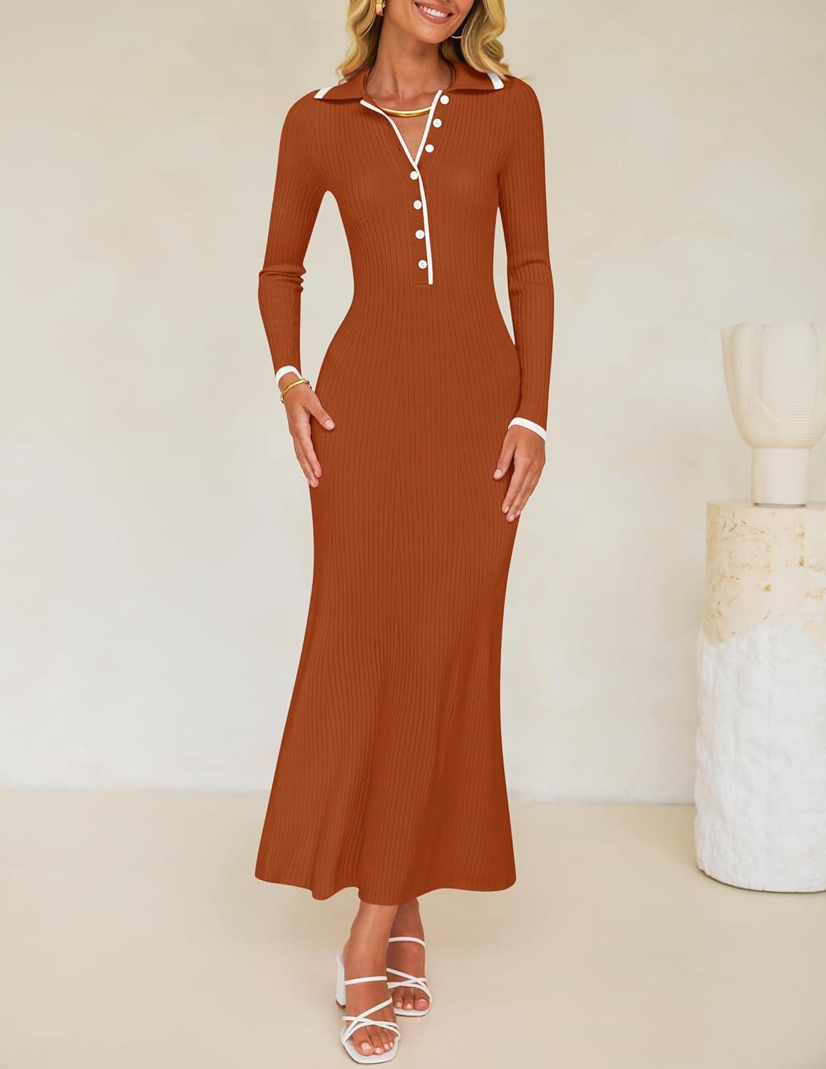 imageZESICA Womens Long Sleeve Sweater Dress 2026 Fall V Neck Ribbed Knit Casual Formal Cocktail Bodycon Maxi DressesRust