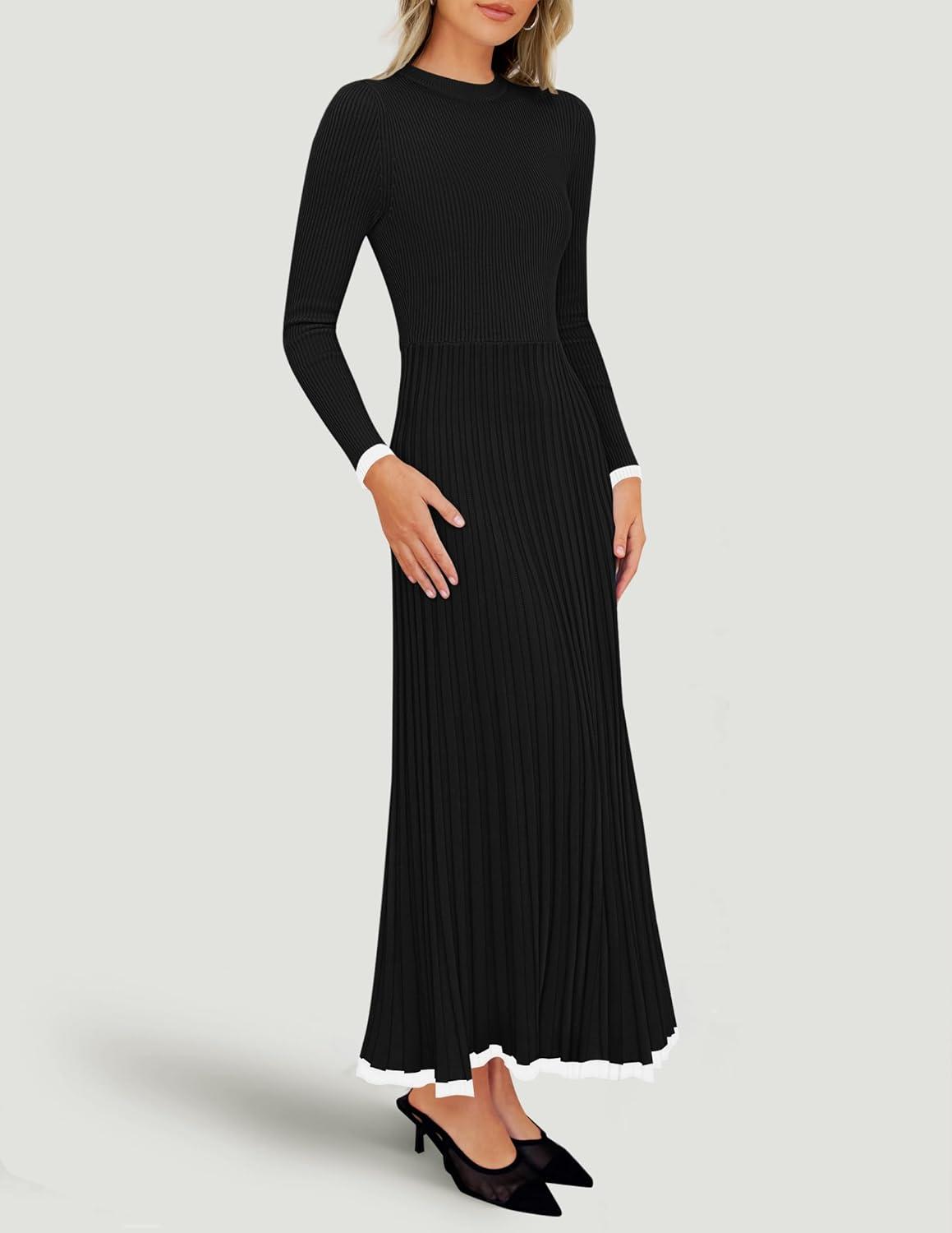 imageZESICA Womens Long Sleeve Sweater Dress Fall 2026 Crewneck Ribbed Knit Pleated ALine Maxi Wedding Guest DressesBlack