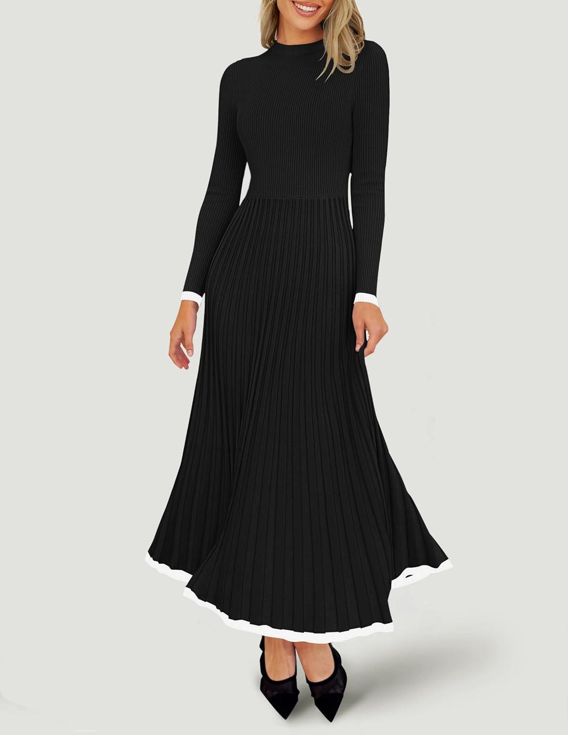 imageZESICA Womens Long Sleeve Sweater Dress Fall 2026 Crewneck Ribbed Knit Pleated ALine Maxi Wedding Guest DressesBlack
