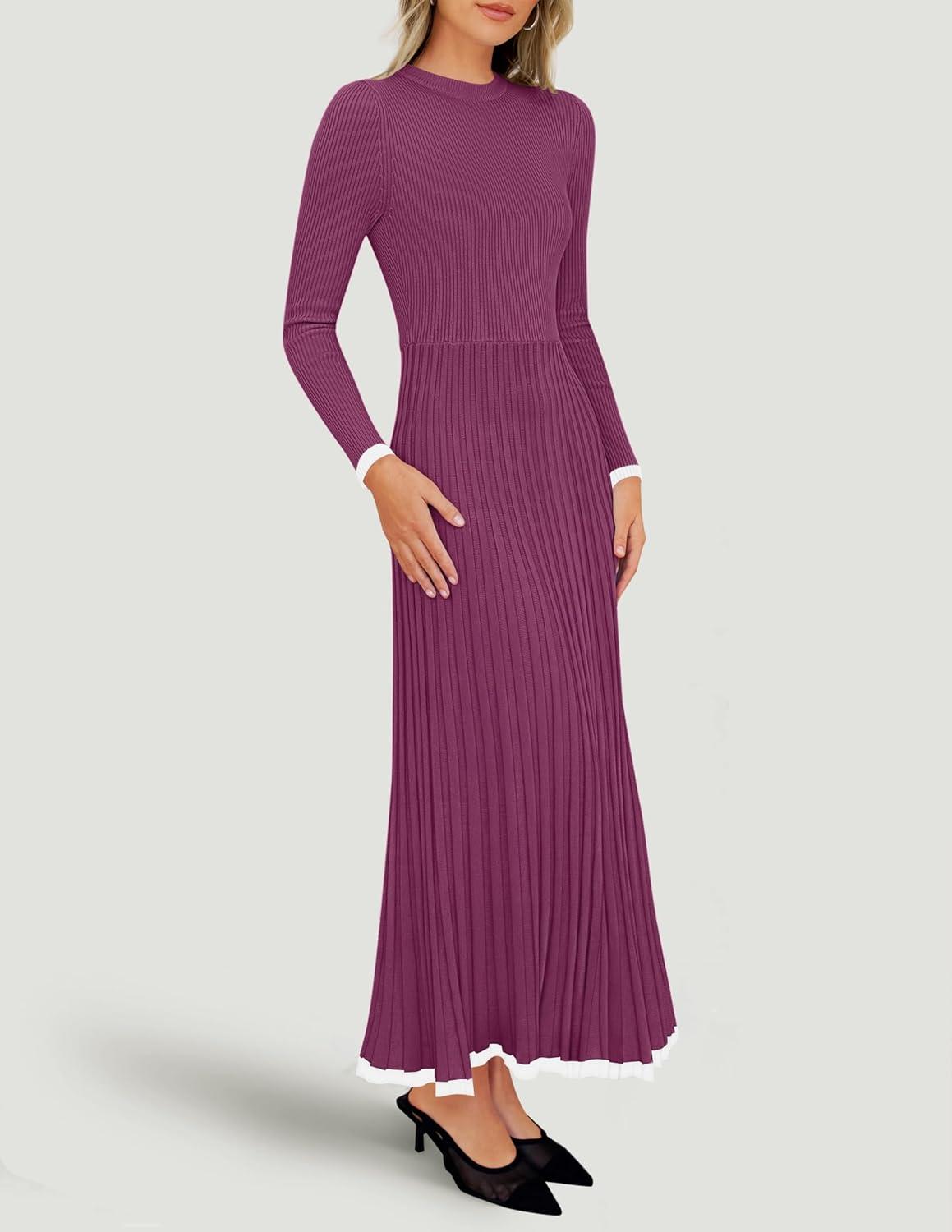 imageZESICA Womens Long Sleeve Sweater Dress Fall 2026 Crewneck Ribbed Knit Pleated ALine Maxi Wedding Guest DressesFuchsia