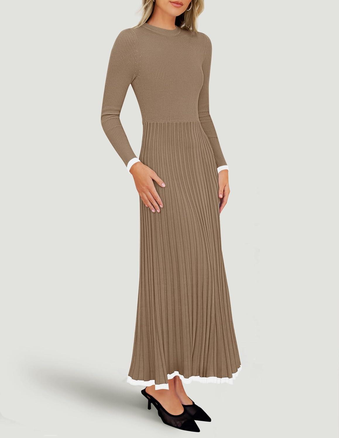 imageZESICA Womens Long Sleeve Sweater Dress Fall 2026 Crewneck Ribbed Knit Pleated ALine Maxi Wedding Guest DressesKhaki