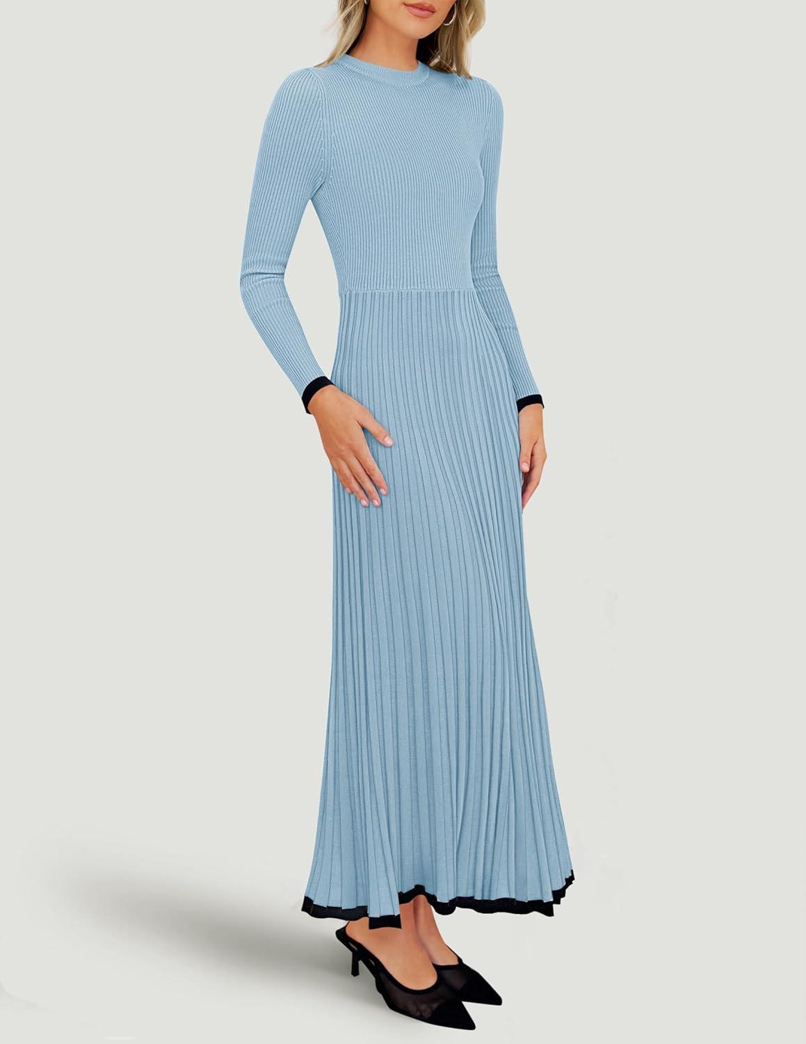 imageZESICA Womens Long Sleeve Sweater Dress Fall 2026 Crewneck Ribbed Knit Pleated ALine Maxi Wedding Guest DressesLight Blue