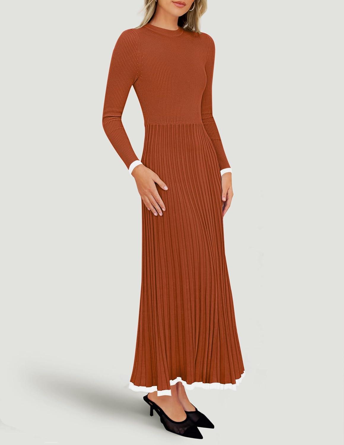 imageZESICA Womens Long Sleeve Sweater Dress Fall 2026 Crewneck Ribbed Knit Pleated ALine Maxi Wedding Guest DressesOrange Red