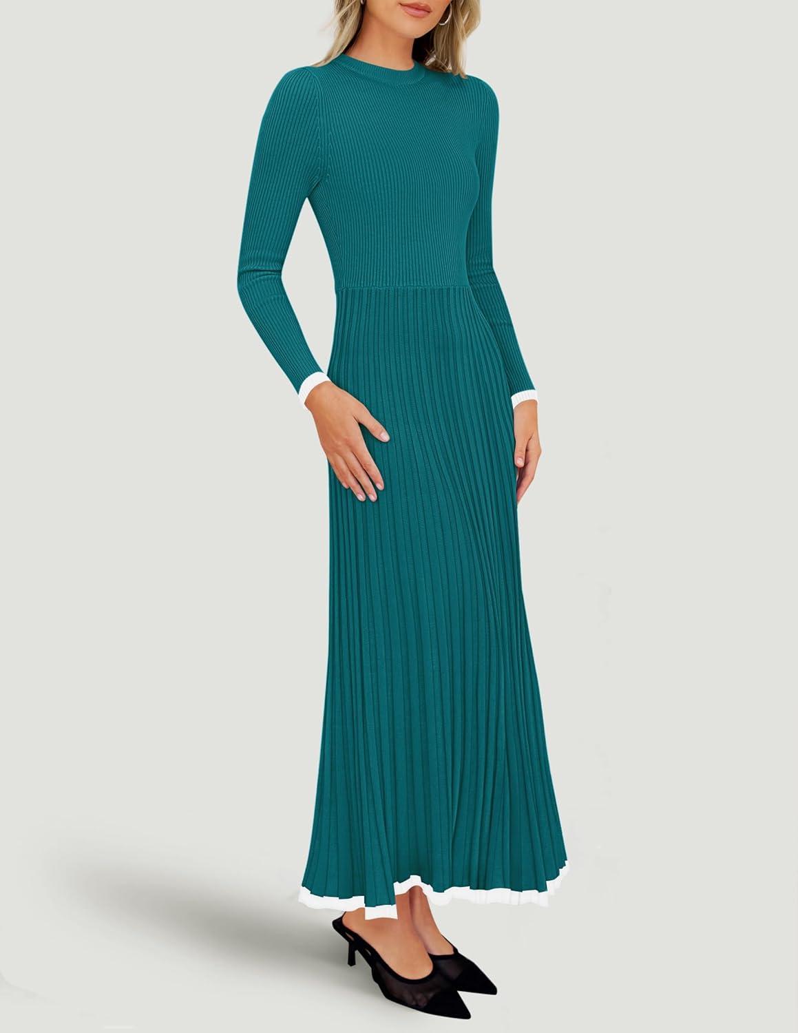 imageZESICA Womens Long Sleeve Sweater Dress Fall 2026 Crewneck Ribbed Knit Pleated ALine Maxi Wedding Guest DressesPeacock Blue