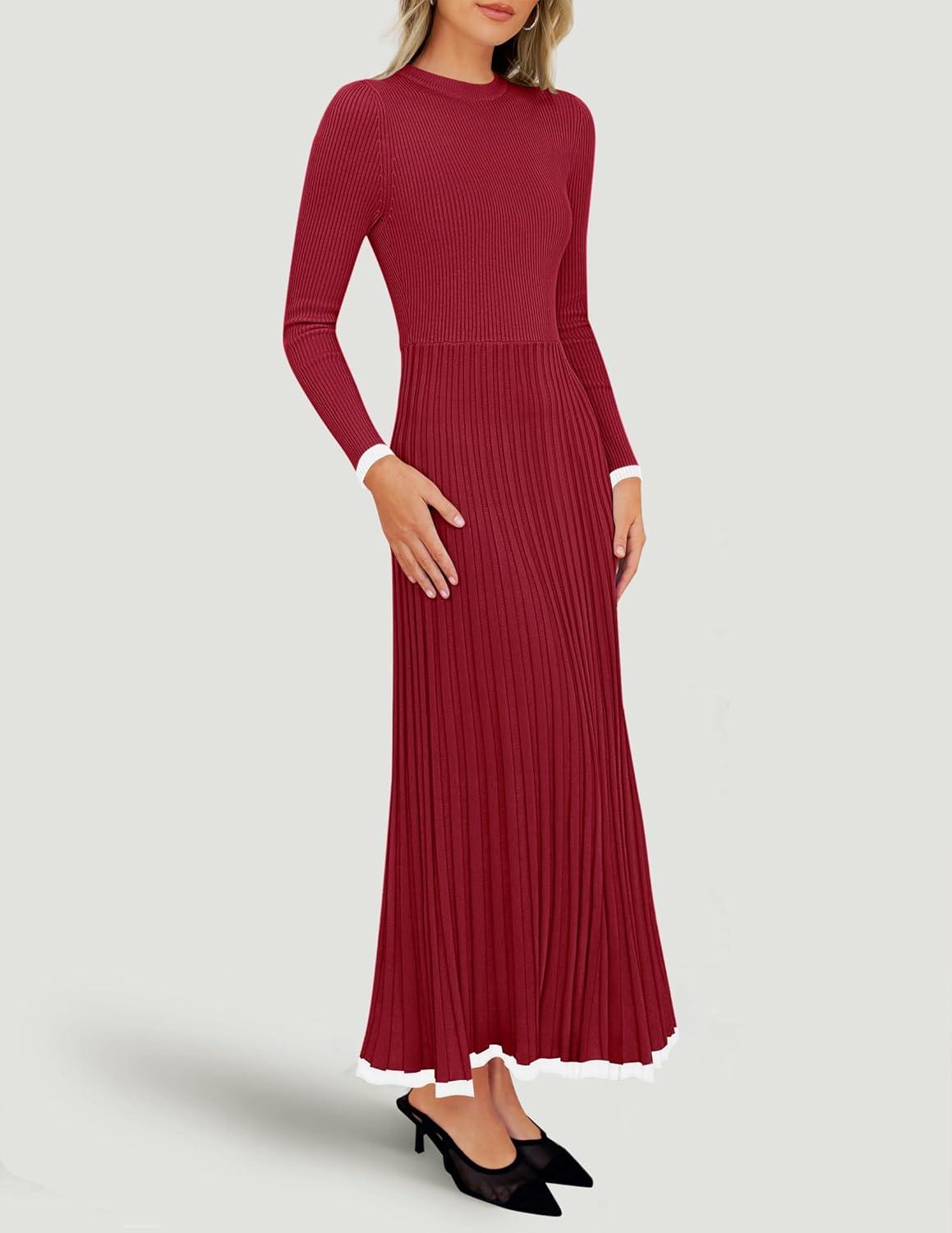 imageZESICA Womens Long Sleeve Sweater Dress Fall 2026 Crewneck Ribbed Knit Pleated ALine Maxi Wedding Guest DressesWine
