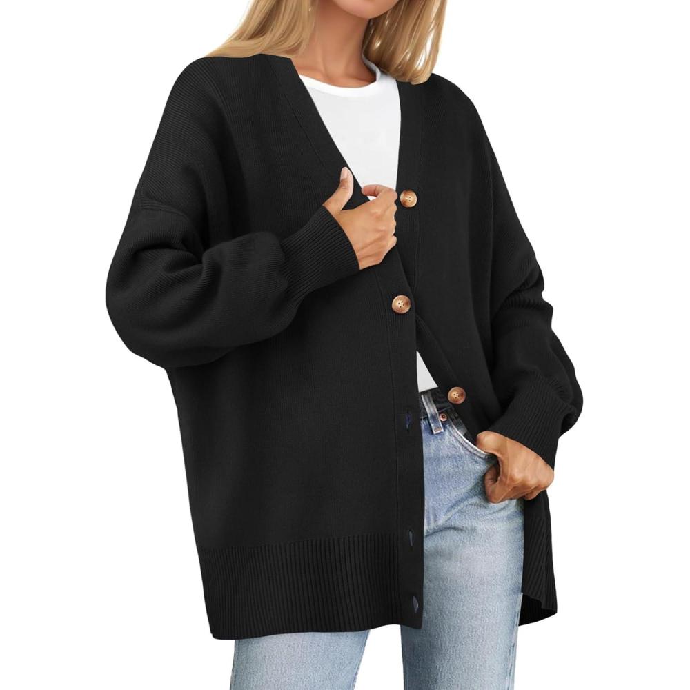 imageZESICA Womens 2026 Fall Casual Long Sleeve Cardigan V Neck Button Down Open Front Knit Loose Oversized Sweater CoatBlack