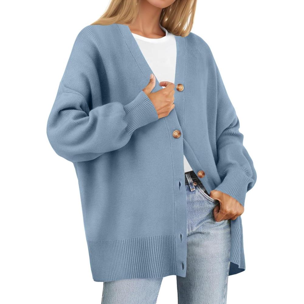 imageZESICA Womens 2026 Fall Casual Long Sleeve Cardigan V Neck Button Down Open Front Knit Loose Oversized Sweater CoatBlue