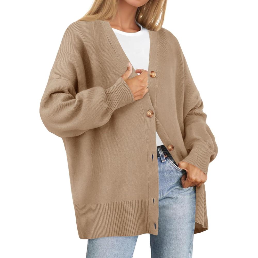 imageZESICA Womens 2026 Fall Casual Long Sleeve Cardigan V Neck Button Down Open Front Knit Loose Oversized Sweater CoatKhaki