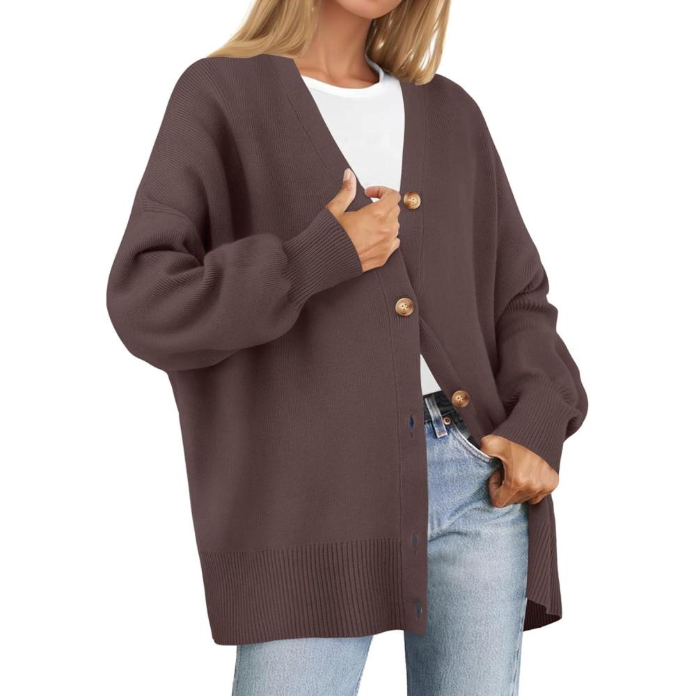 imageZESICA Womens 2026 Fall Casual Long Sleeve Cardigan V Neck Button Down Open Front Knit Loose Oversized Sweater CoatNutmeg