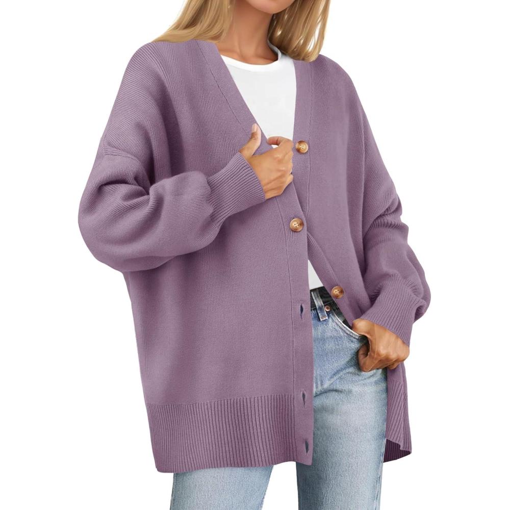 imageZESICA Womens 2026 Fall Casual Long Sleeve Cardigan V Neck Button Down Open Front Knit Loose Oversized Sweater CoatPurple