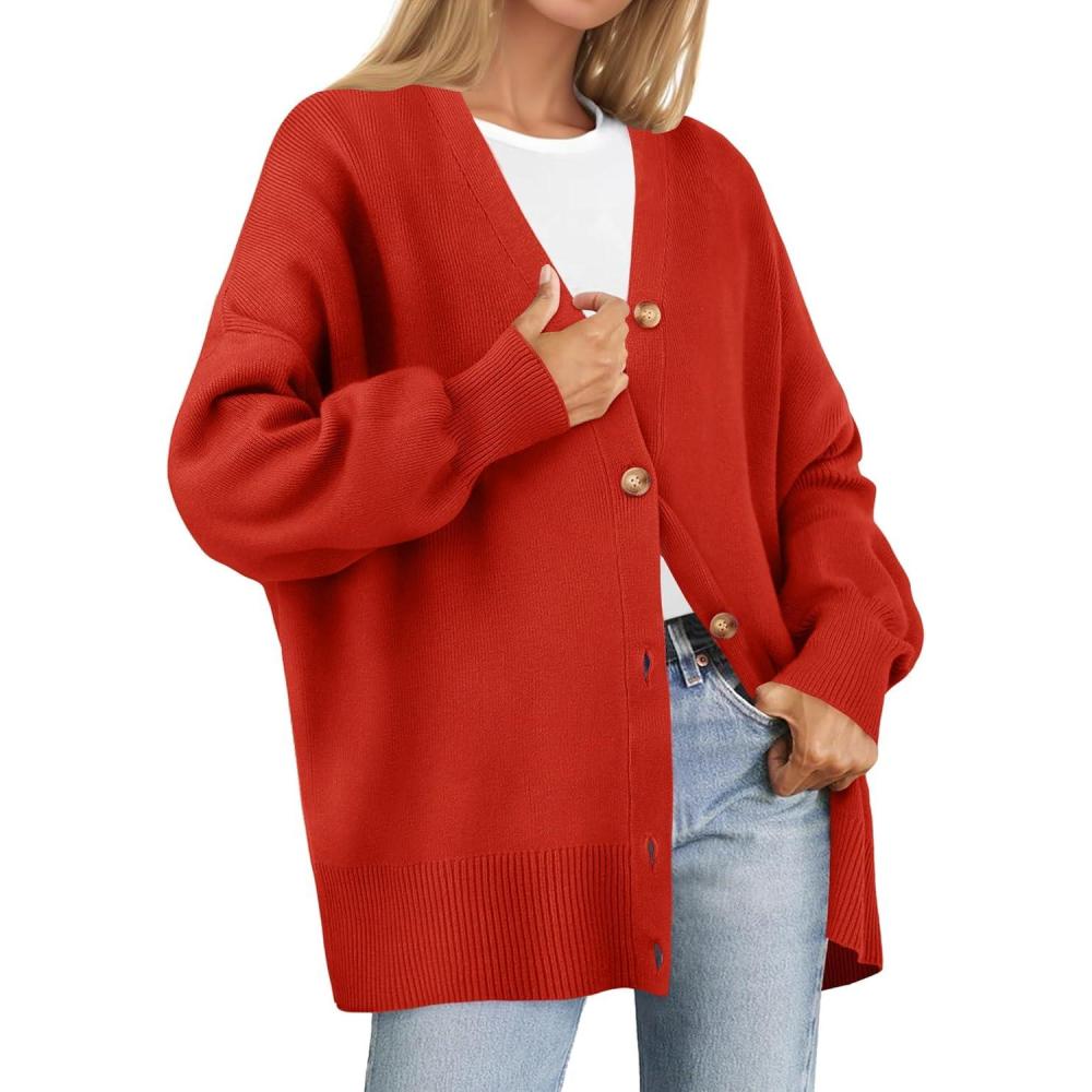 imageZESICA Womens 2026 Fall Casual Long Sleeve Cardigan V Neck Button Down Open Front Knit Loose Oversized Sweater CoatRed