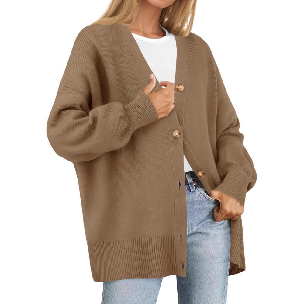 imageZESICA Womens 2026 Fall Casual Long Sleeve Cardigan V Neck Button Down Open Front Knit Loose Oversized Sweater CoatTan