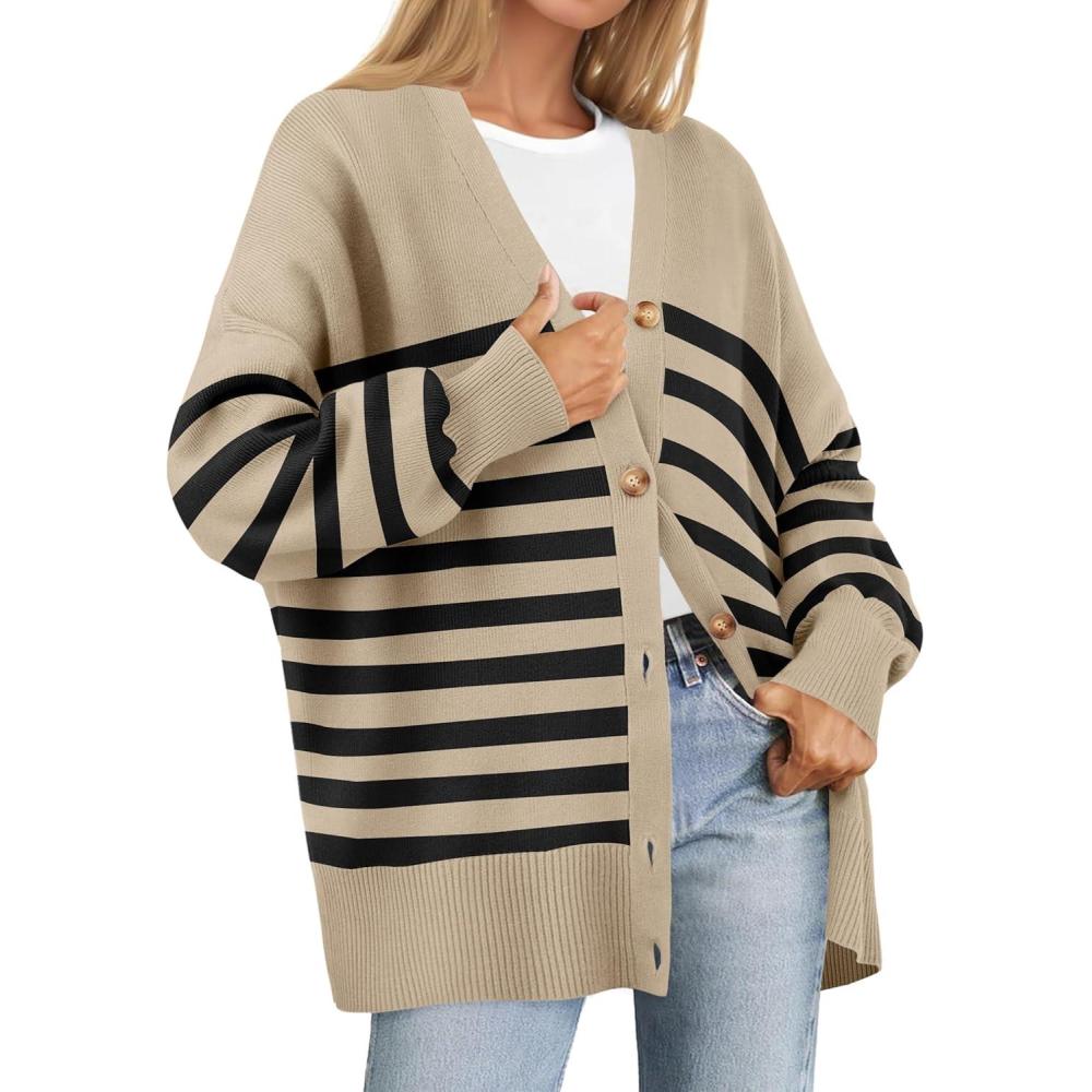 imageZESICA Womens 2026 Fall Casual Long Sleeve Cardigan V Neck Button Down Open Front Knit Loose Oversized Sweater CoatToffee