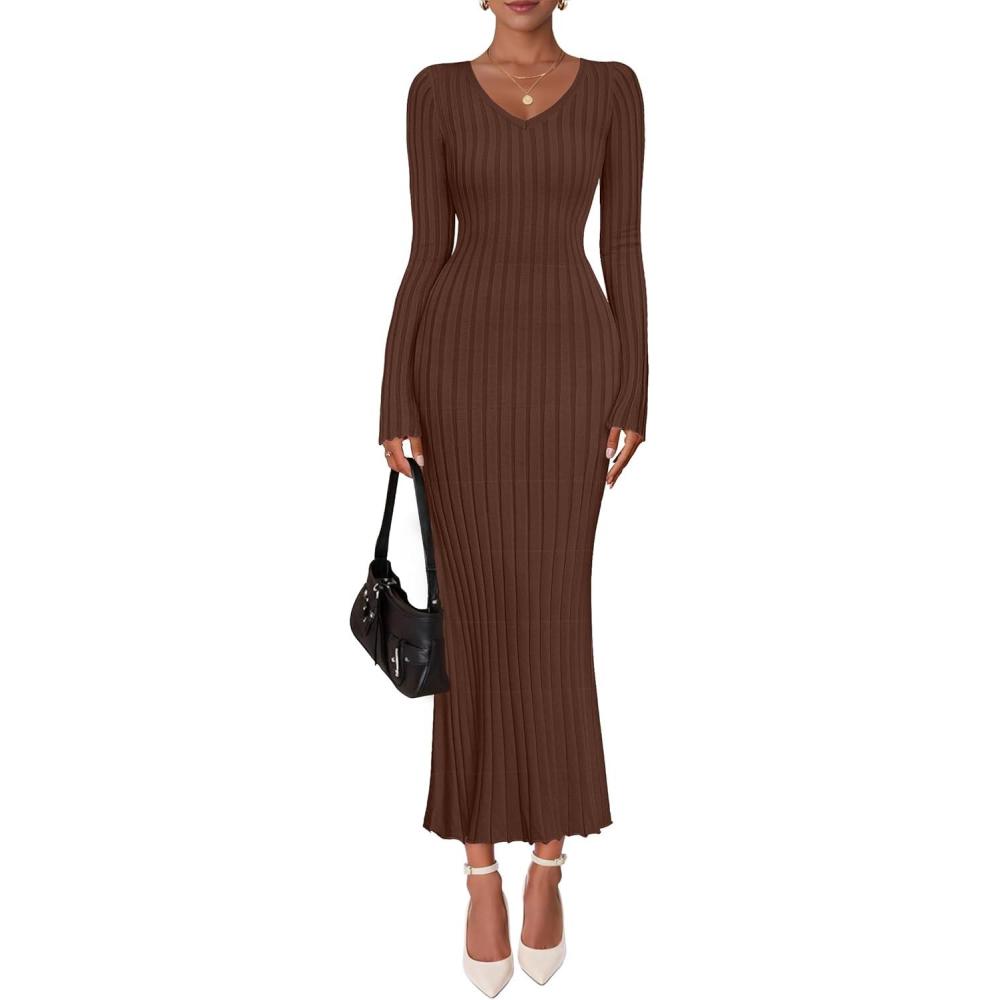 imageZESICA Womens 2026 Spring Sweater Dress Long Sleeve V Neck Ribbed Knit Party Cocktail Bodycon Maxi DressesBrown
