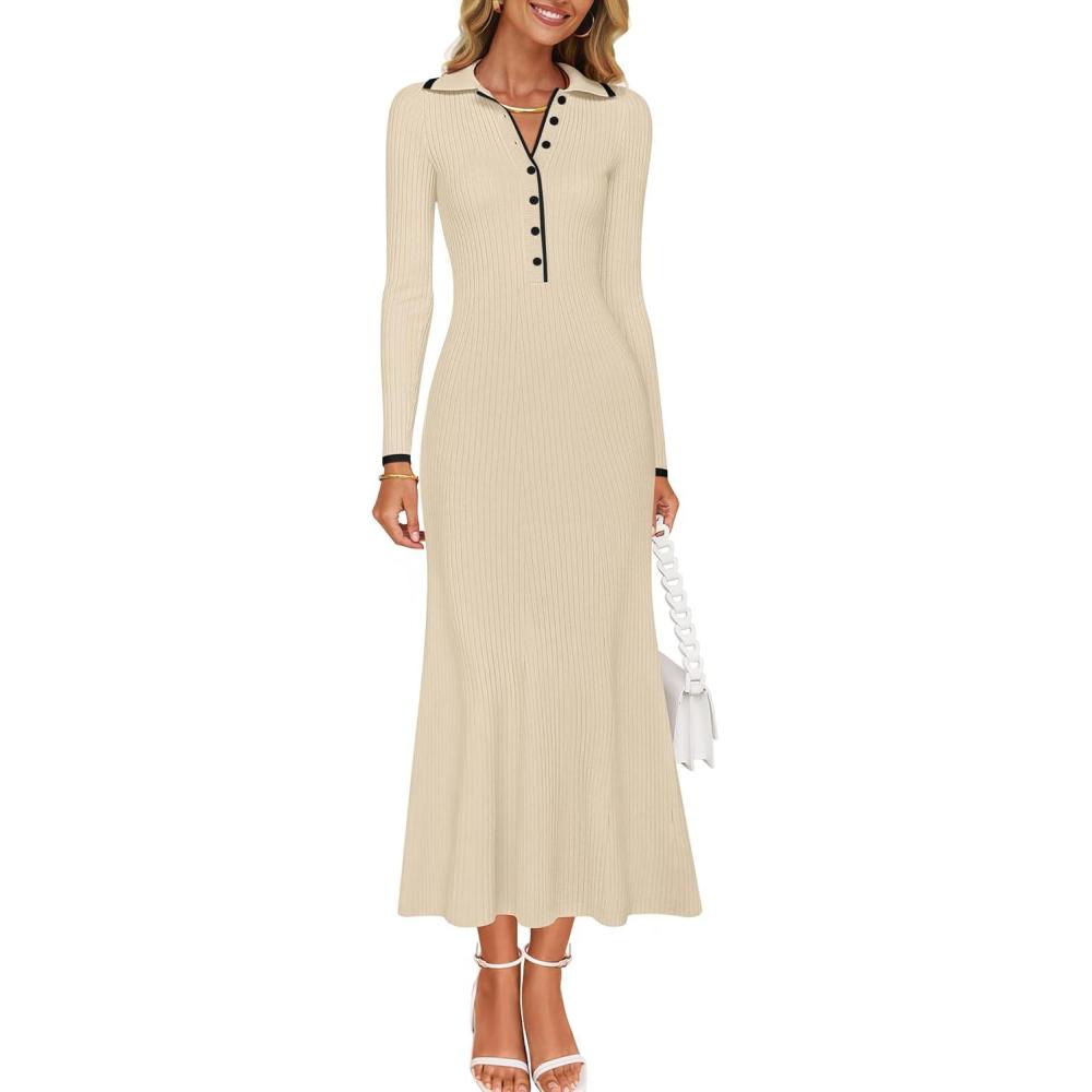 imageZESICA Womens Long Sleeve Sweater Dress 2026 Fall V Neck Ribbed Knit Casual Formal Cocktail Bodycon Maxi DressesApricot