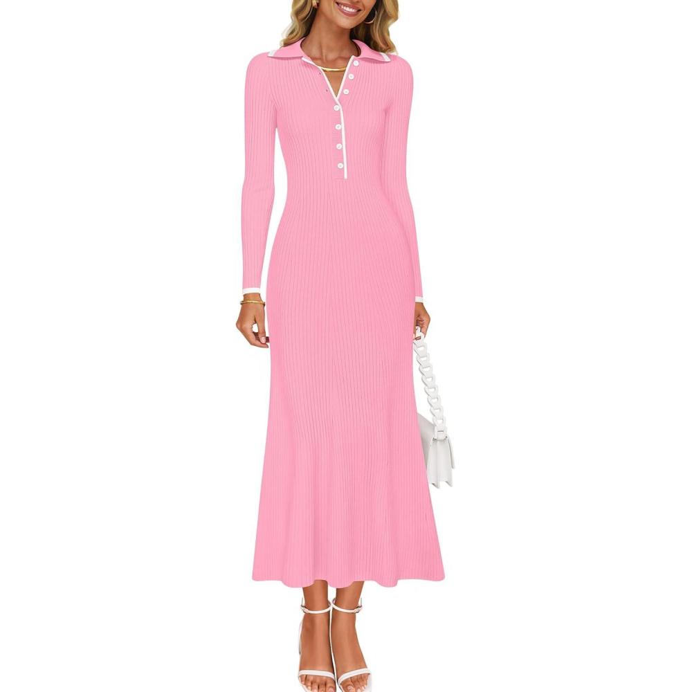 imageZESICA Womens Long Sleeve Sweater Dress 2026 Fall V Neck Ribbed Knit Casual Formal Cocktail Bodycon Maxi DressesPink