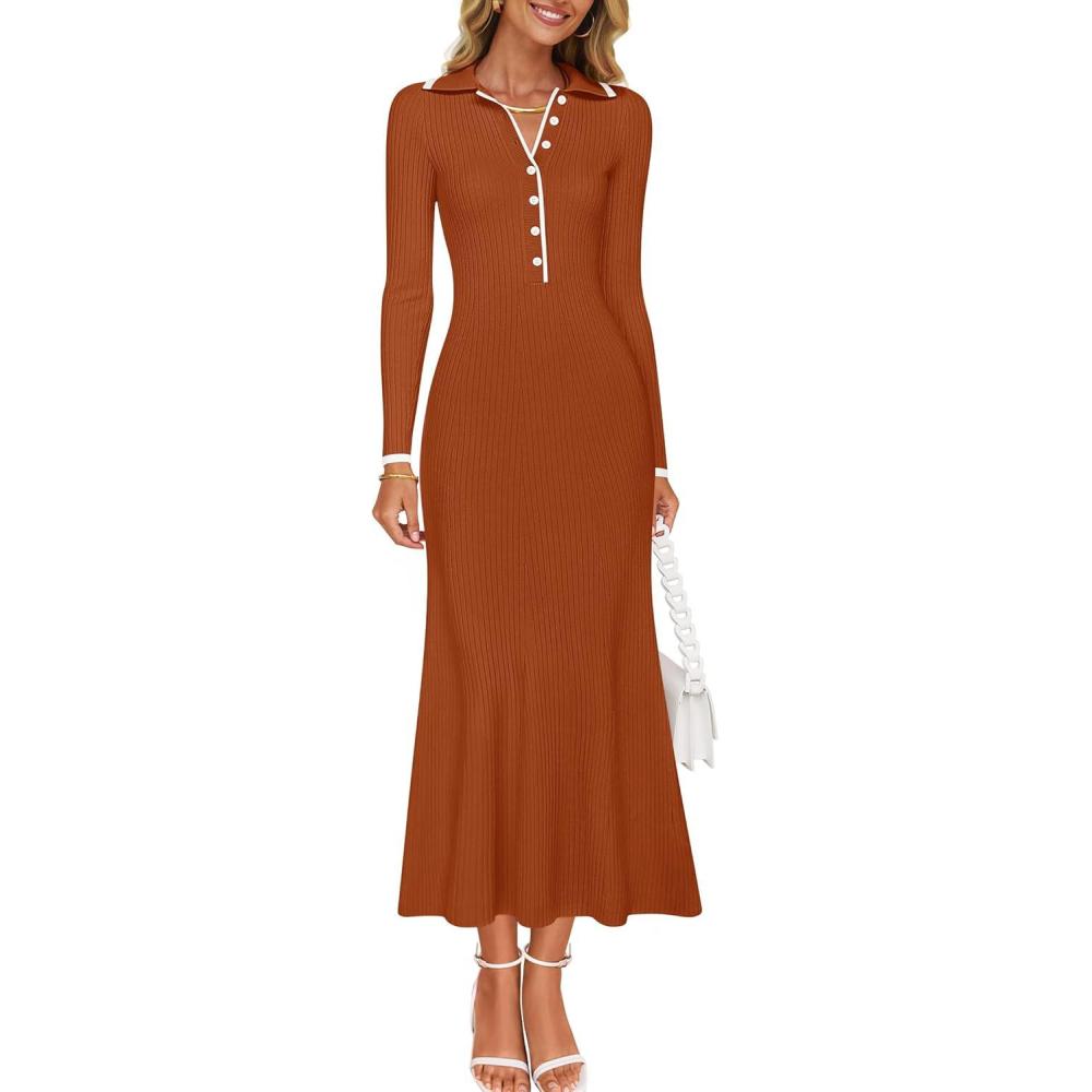 imageZESICA Womens Long Sleeve Sweater Dress 2026 Fall V Neck Ribbed Knit Casual Formal Cocktail Bodycon Maxi DressesRust