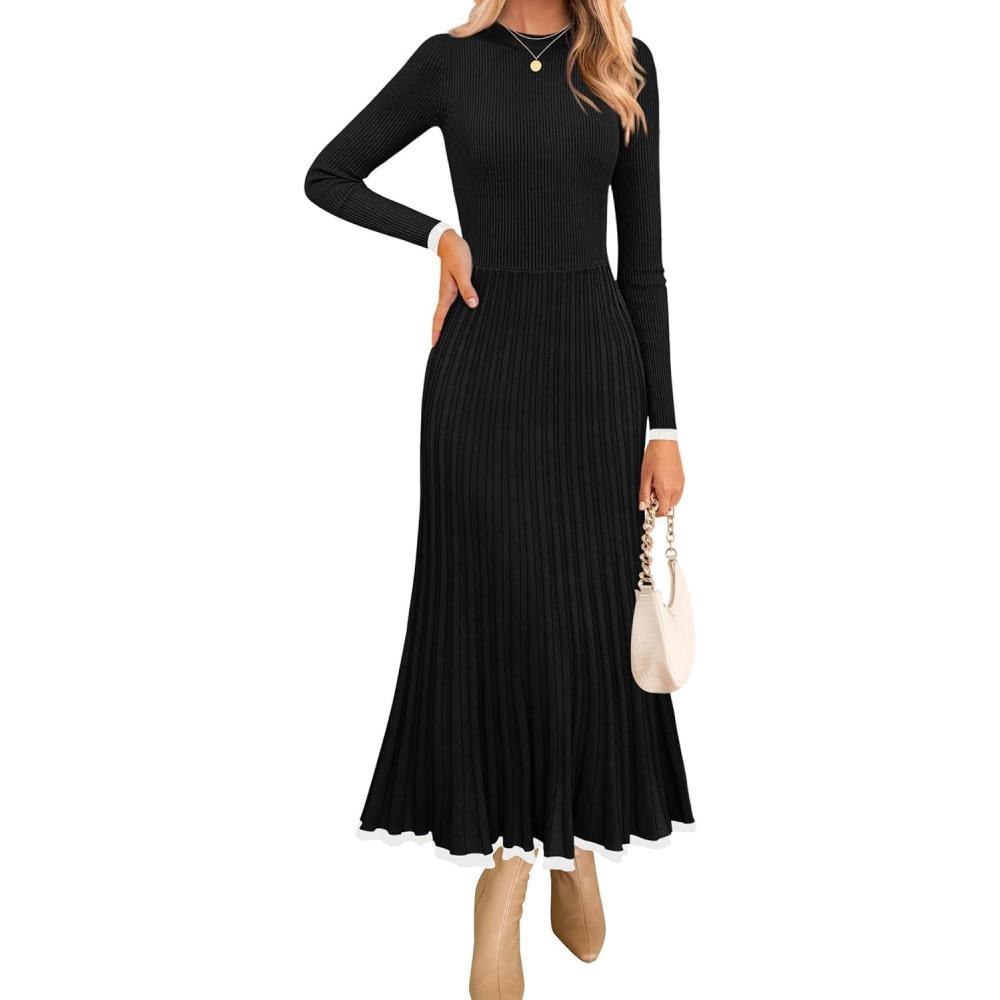 imageZESICA Womens Long Sleeve Sweater Dress Fall 2026 Crewneck Ribbed Knit Pleated ALine Maxi Wedding Guest DressesBlack