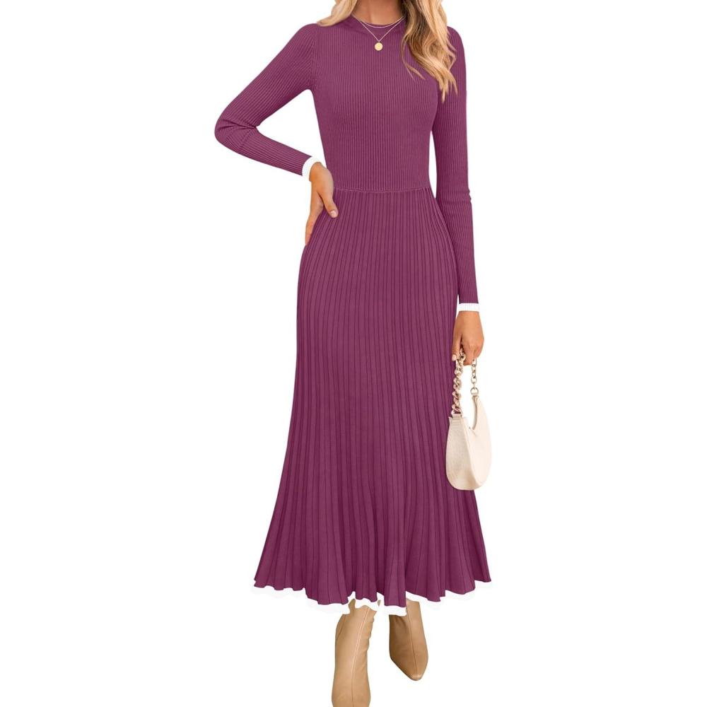 imageZESICA Womens Long Sleeve Sweater Dress Fall 2026 Crewneck Ribbed Knit Pleated ALine Maxi Wedding Guest DressesFuchsia