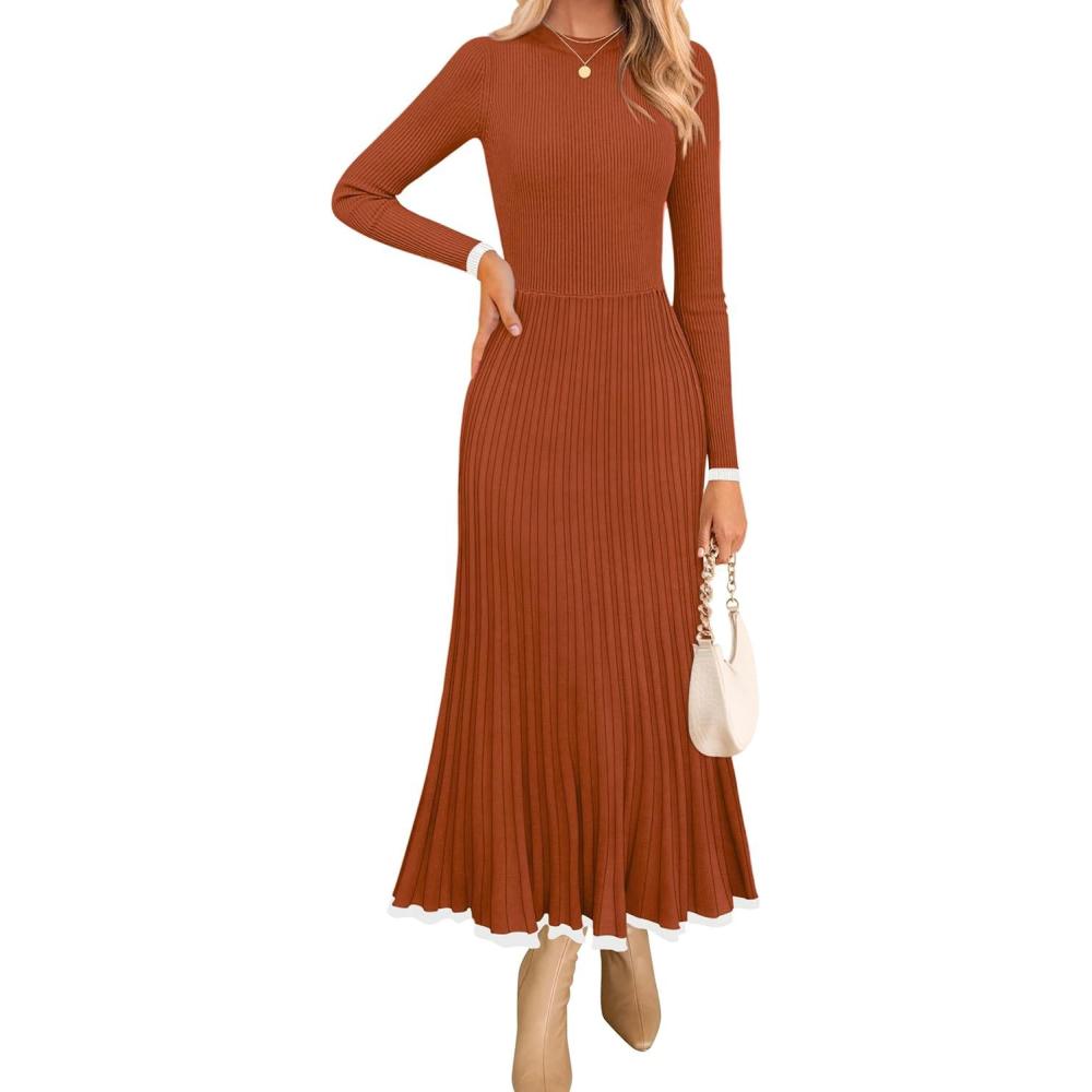 imageZESICA Womens Long Sleeve Sweater Dress Fall 2026 Crewneck Ribbed Knit Pleated ALine Maxi Wedding Guest DressesOrange Red