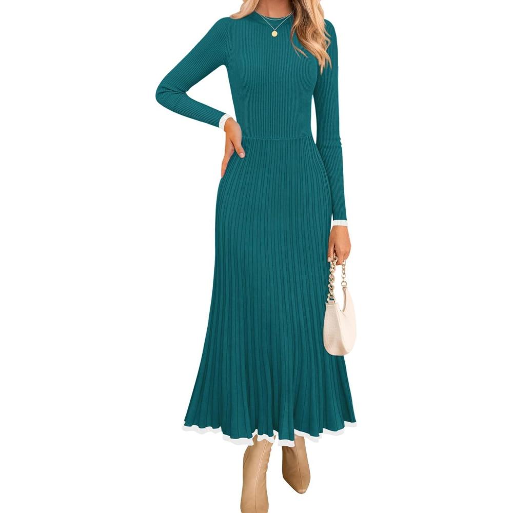 imageZESICA Womens Long Sleeve Sweater Dress Fall 2026 Crewneck Ribbed Knit Pleated ALine Maxi Wedding Guest DressesPeacock Blue