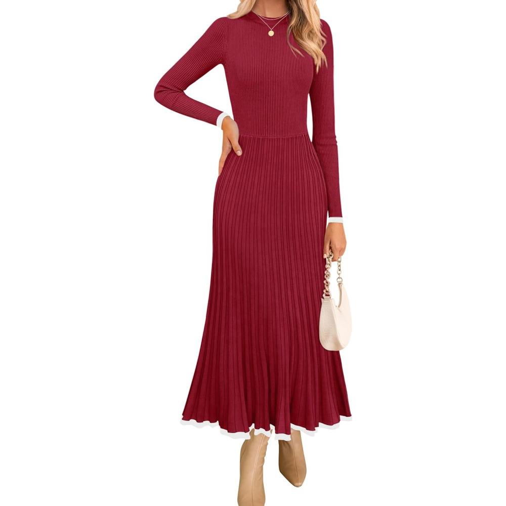 imageZESICA Womens Long Sleeve Sweater Dress Fall 2026 Crewneck Ribbed Knit Pleated ALine Maxi Wedding Guest DressesWine