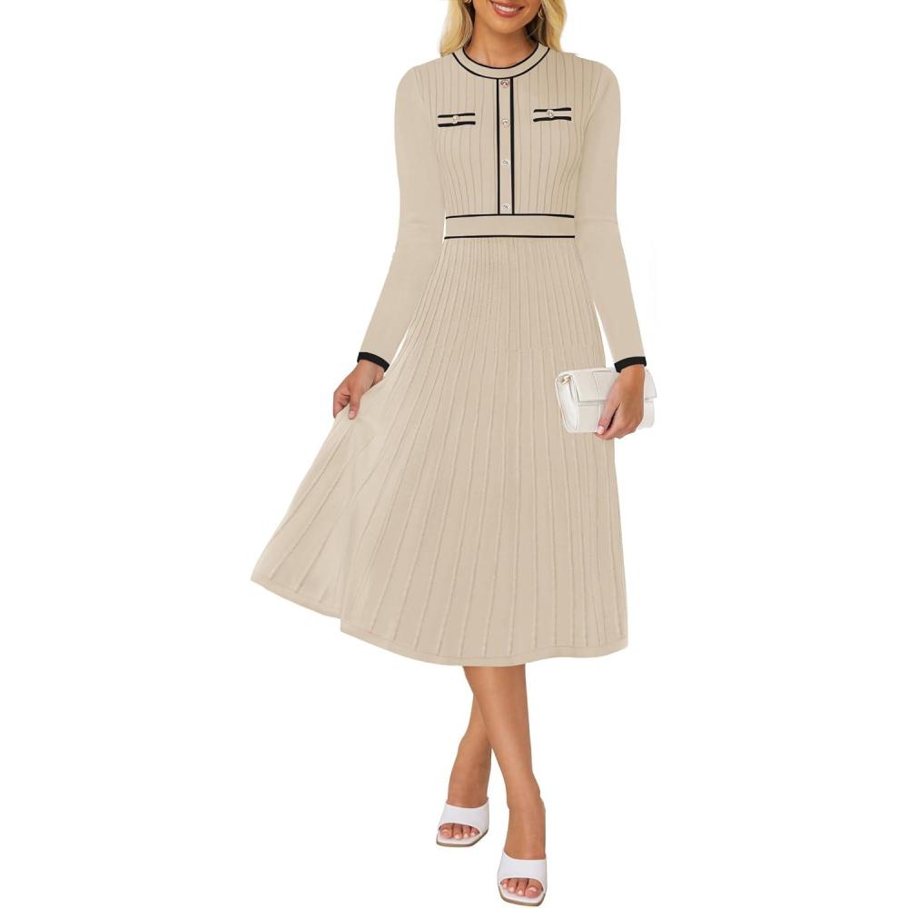 imageZESICA Womens Spring Pleated Sweater Dress Long Sleeve Crewneck Ribbed Knitted Midi Dresses